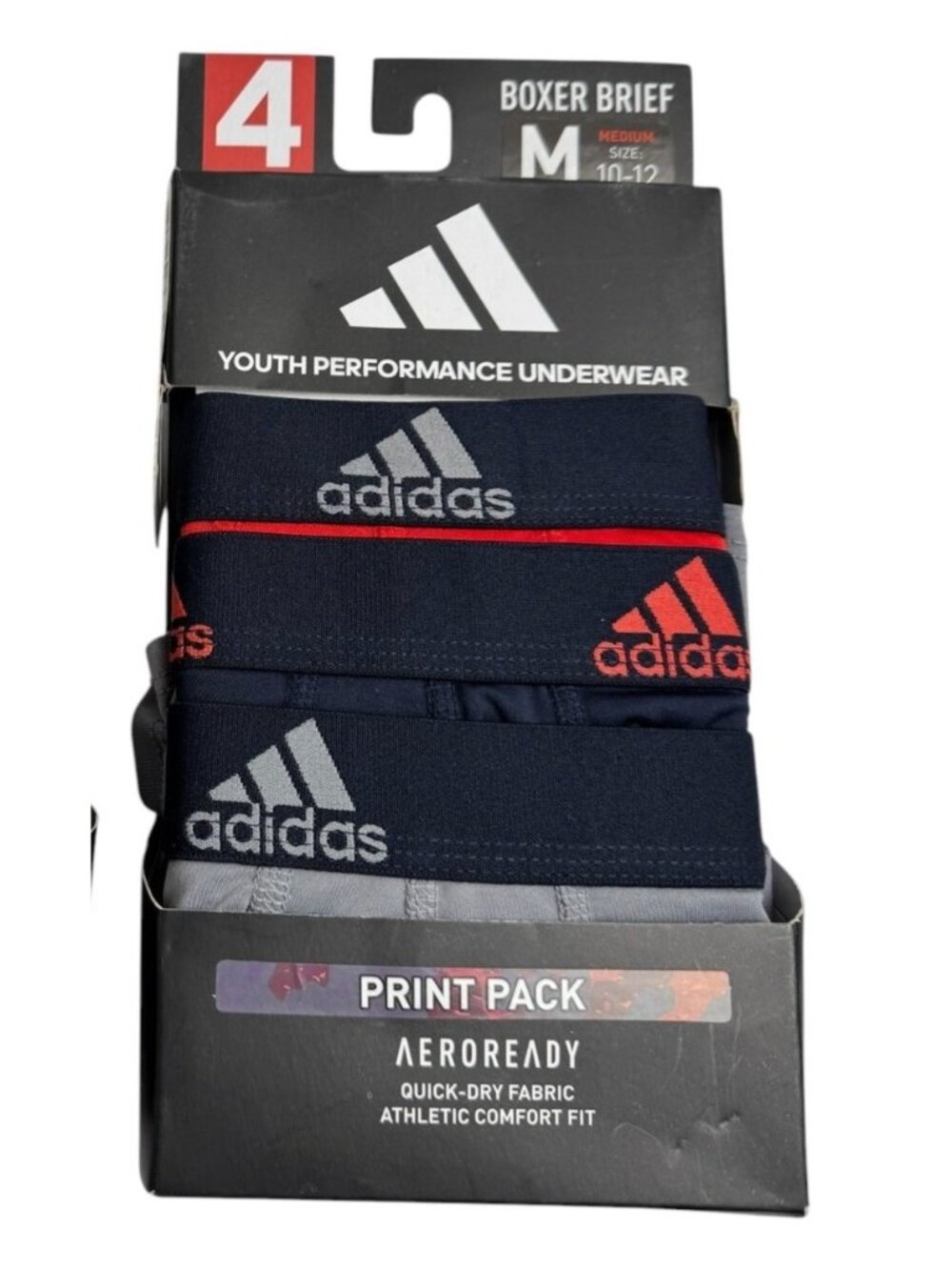 adidas NEW 3-Pack Youth Performance Underwear Boxer Brief M 10-12 Grey Blue Red